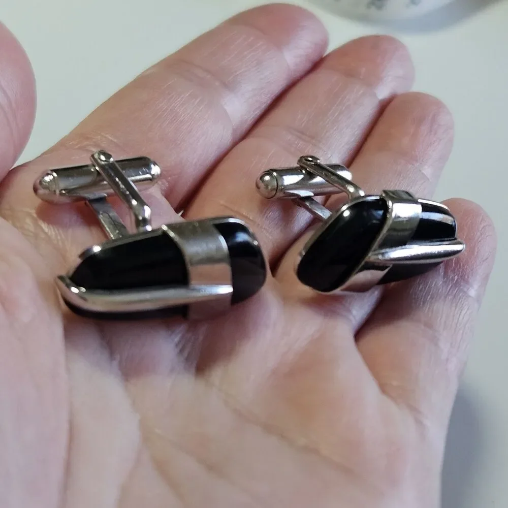 Vintage Anson Silver Tone Black Stone Cufflinks IOB
